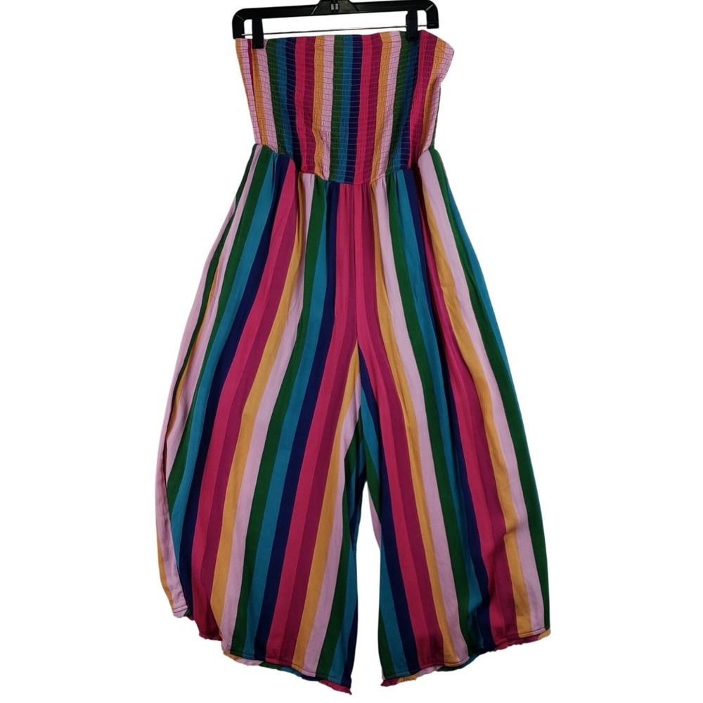 Torrid Smocked Strapless Jumpsuit Womens 0 Multi-Color Boho Striped Wide Leg
